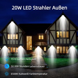 Wegoodlife LED Outdoor Spotlight, 20 W, Super Bright 1510 LM Spotlight, IP66 Waterproof Floodlight, 6500 K Cool White Outdoor Spotlight, Outdoor Security Lighting for Garden, Garage, Hotel, Sports Field