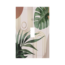 Mid Century Bohemian Modern Abstract Minimalist Boho Neutral Art Vintage Leaves Arch 1-Gang Outlet Light Switch Plate Decorative Single Toggle Face Wall Plate Electrical Receptacle Cover Large Size