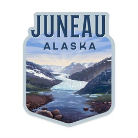 Die Cut Sticker Juneau, Alaska, Mendenhall Glacier, Lithograph, Contour Vinyl Sticker 1 to 3 inches (Waterproof Decal for Cars, Water Bottles, Laptops, Coolers), Small