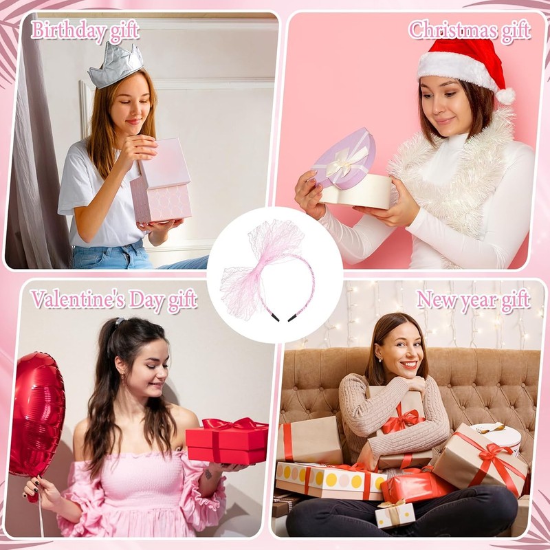 DPWOUM 2Pcs Pink Lace Bow Headband Elastic 80s Headband with