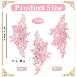 CABODYALS 2 Pairs 4Pcs Pink Floral Embroidery Applique Beaded 3D Flower Rhinestone Appliques Polyester Lace Pearl Crystal Sew on Patches for Sewing Making Clothes Wedding Gowns Accessories