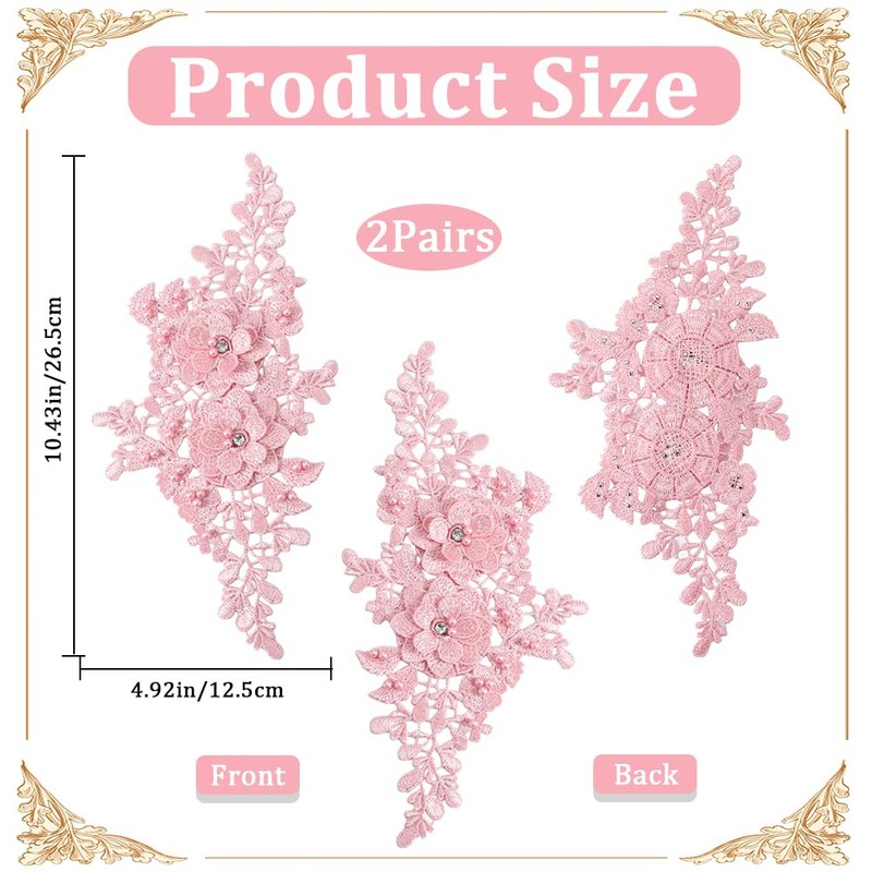CABODYALS 2 Pairs 4Pcs Pink Floral Embroidery Applique Beaded 3D