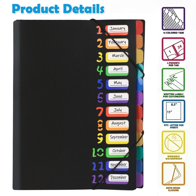 HABGP 24 Plastic Folders with Multi Pockets, 12 Colors, Office