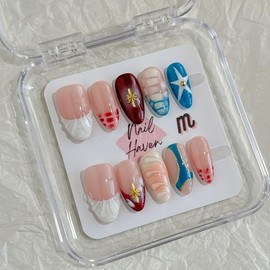 NailHaven | almond shape collection|  medium length 23mm almond shape press-on nails |cute nails | acrylic press-on| fake nails |Handmade | high quality Press on nails 10 pcs|reusable nails|nail art|nail charm|handmade press ons A2:_A41-The Brittany Special _M