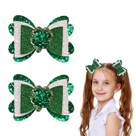2 Pcs St. Patrick's Day Bow Hair Clips Green Glitter Hair Clips Sequins Shamrock Hair Bow Barrettes Lucky Clover Alligator Clips Four-Leaf Hair Pins Irish Cheer Hair Accessories for Girls