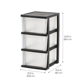 IRIS IRIS USA Plastic 3-Drawer Storage Organizer, 2-Pack, for Classroom Art Supplies Dresser Closet Bathroom Dorm Bedroom Laundry Room, Slim Narrow, Black/Clear