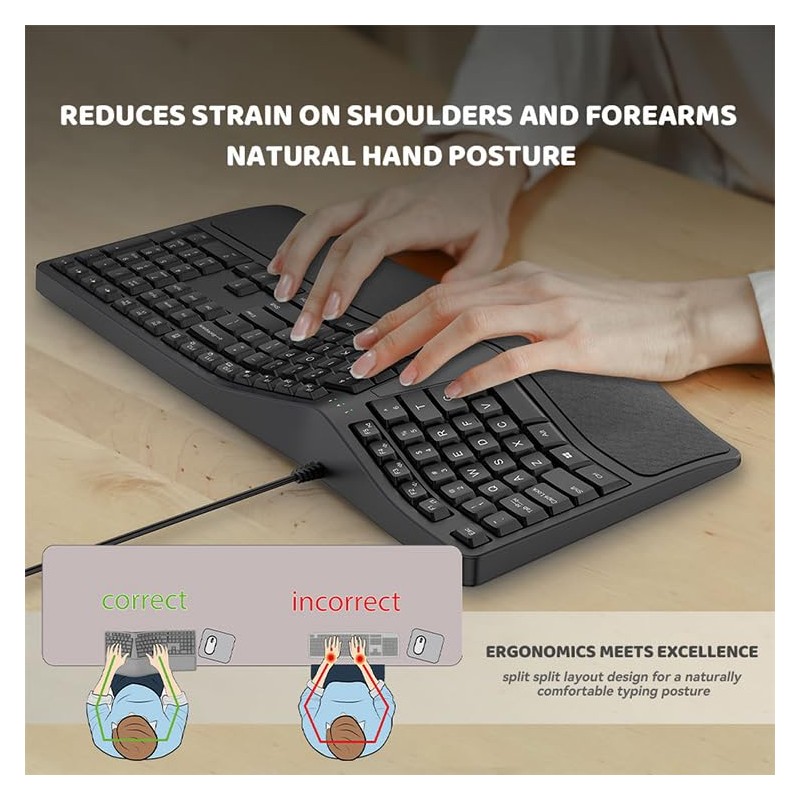 SurnQiee Ergonomic Keyboard Wired with Cushioned Wrist Rest, 110 Keys