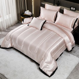 Satin Full Comforter Set with Sheet Set Silk Like Pink Bedding Set 8 Pcs Black Ruffle Pattern Bed Home Decor Soft Down Comforter Luxury Hotel Silky Bed Set with 1 Cushion Cover