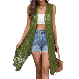 WESURE Sheer Cardigan Crochet Sleeveless Cover Up Mesh Patchwork Hippie Vest (Army Green)