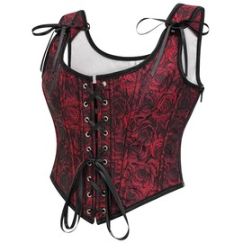 SHYMMUO Women's Gothic Rose Corset Vest – Red and Black Floral Brocade Lace-Up Corset Top with Shoulder Ties, Renaissance Bustier XL