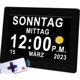 Véfaîî 2024 New, 7 Inch Electronic Day Date Alarm Clock, 20 Custom Reminders, 10 Level Dimmer, Not Abbreviated Day Date, Large Clock for Seniors - 7 Inch with Remote Control