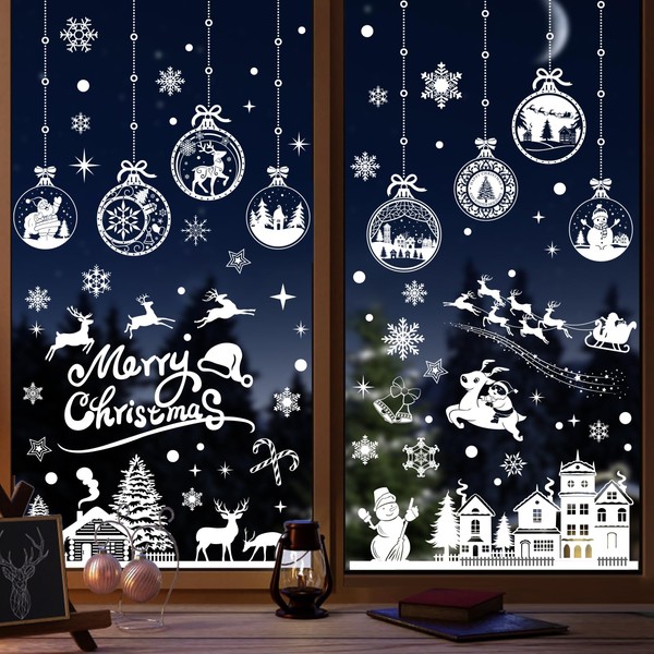 Baynetin Christmas Reusable Window Stickers, Christmas Window Decoration Snowflake White Electrostatic Christmas Window Sticker, 10 Sheets, 245 Pieces, 20 x 30 cm