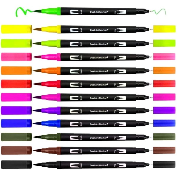 Felt Tip Pens Thick and Thin 12 Colours Dual Brush Pen Set Brush Pens for Bullet Journal, Colouring Books, Hand Lettering, Manga Calligraphy Pens for Felt Pens Children and Adults