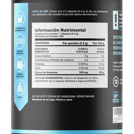 Cloruro de Magnesio 500 mg. 200 Cápsulas Ingredientes naturales. Chloride Mag B Life