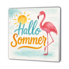 Hallo Sommer Deko Schild in 20x20 cm, wetterfester Aufsteller als Gartendeko mit Flamingo. Sommerdeko für Tisch, Terrasse, Balkon & Garten zum Aufstellen, Aufhängen o. Bohren
