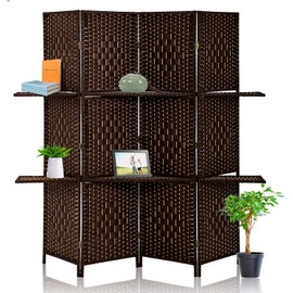 CL.Store 4 Panels Room Divider Wall Dividers Double Hinged Privacy Wooden Partition Screen w/ 2 Removable Storage Shelves Folding Room Dividers Home,Office（Brown）, 4 Panel (WS-DB45-BROWN)