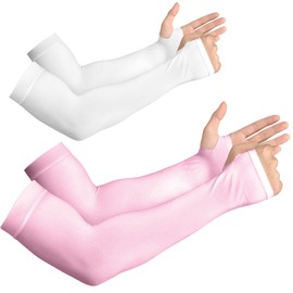 YESLIFE 2 Pairs UV Sun Protection Arm Sleeves for Men & Women - Tattoo Cover Up - UPF 50 Cooling Sports Sleeve for Basketball Golf Running (White & Pink)