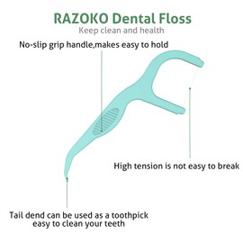 RAZOKO Dental Floss Picks Extra Strong Flosser Pick Toothpicks Fresh Mint 200 Count