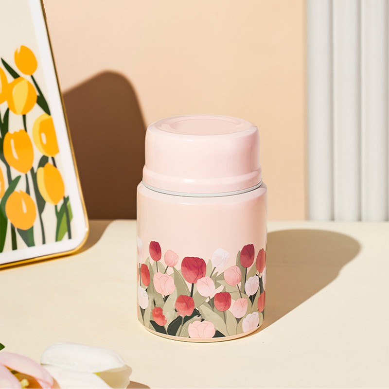 Insulated Food Jar Flower Pattern 450ML Capacity Stainless Steel Portable