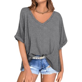 UEU Women's Loose Fitting Tee Shirts Summer Oversized Workout Tops Loose V Neck Lounge Basic T-Shirts Heather Gray Small
