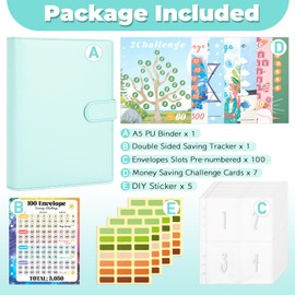 Onlyesh Ring Binder A5, Budget Planner with 100 Days Saving Challenges + Binder Pockets (25 Pieces) + 5 Sheets Label Stickers, Budget Planner for Gift, Cash Stuffing Starter Set