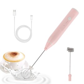 Elektrische Milchaufschäumer, Handheld Milchschäumer Stab mit 2 Schneebesen-Köpfen, Wiederaufladbarer Mini-Milchaufschäumer, Schneebesen, für Eiern, Butter, Milch, Kaffee, Geschenk (Rosa)