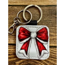 Square Key Chain Backpack Tag PU Leather Holiday Santa Coquette Bow Print RTS