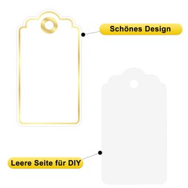 jijAcraft 5 x 9 cm Gift Tags with Gold Edge: White Paper Tags for Labelling, Pack of 100 Kraft Paper Labels Tags with Hole and String for Wedding, Birthday, Christmas