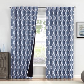 Beauoop 100% Blackout Curtains 96 Inches Long 2 Panels for Bedroom Living Room Blue Moroccan Geo Room Darkening Thermal Insulated Soundproof Rod Pocket Back Tab Window Treatments Drapes, 50x96