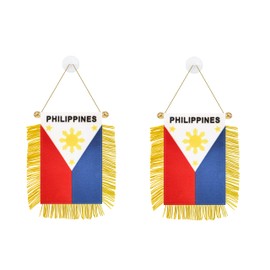 Rotenl 2 Pack Philippines Window Small Mini Hanging Flag, 3 X 5 Inch Filipino Car Flag Banner with Golden Fringy Tassel and Suction Cup, Wall, Door and Rearview Mirror Decor (Philippines)