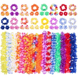 VANZACK Hawaii Wreath Hawaii Lei Hawaiian Lei Garland Hair Wreath 64pcs (16pcs*Neck Ring+16pcs*Head Ring+32pcs*Hand Rings)