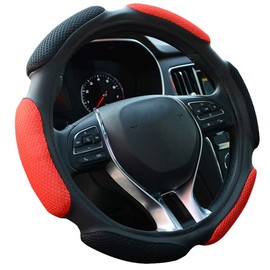 FHQSX - Funda para volante de auto, cojín de mano suave, ajuste universal, 15 pulgadas / 38 cm (negro y rojo)