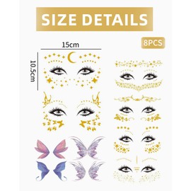 UYRVAPE 8 Sheets Face Temporary Tattoos, 6 Sheets Glitter Metallic Tattoo, 2 Sheets Butterfly Fake Tattoos, Gold Flash Makeup Tattoo Stickers for Parties, Women, Face, Body