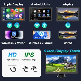 Portable Wireless Carplay Screen for Car Apple Carplay & Android Auto, 9" HD Touch Screen Car Stereo with 1080P Backup Camera/GPS Navigation/Mirror Link/Voice Control/Aux/TF Card Fits Cars