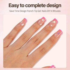 Misssix XBASICTIPS Uñas francesas a presión, 150 unidades, uñas de gel francesas cortas y cuadradas rosas, uñas de gel suaves, preformadas, sin lima, 