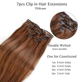 Clip in Hair Extensions, Chocolate Brown Balayage Auburn Hair Extensions Real Human Hair Clip ins Extensions 14 Inch 7 Pieces 70G Double Weft Real Hair Extensions Clip in Human Hair