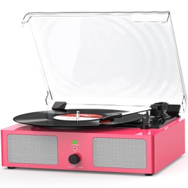 Vinyl Record Player with Build in Speakers Vintage Portable Turntable Supports Bluetooth Receiver USB Input,AUX Input,RCA Line Out,3 Speed and Headphone Jack Pink