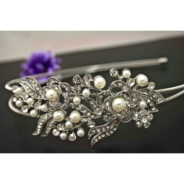 Bridal Wedding Jewelry Crystal Rhinestone Pearl Duo Flowers Headband A58