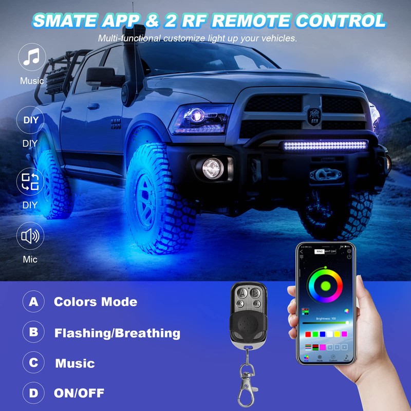 8 Pods RGB LED Rock Lights for Jeeps Trucks Golf