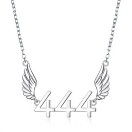 FLYOW Angel Number 444 Necklace 925 Sterling Silver Angel Wings Pendant Necklace Lucky Choker Necklace Numerology Jewelry Birthday Christmas Gifts for Women