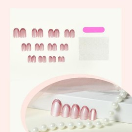 Glitter Press on Nails Pink French Tip Fake Nails with Shiny Design Nude Pink Glue on Nails Glossy Artificial Acrylic Nail Full Cover Stick on Nails Short Almond False Nails for Women Manicure 24Pcs