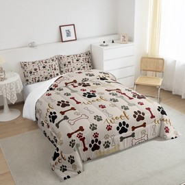 Homewish Dog Paw Print Comforter Set Twin Size,Bone Pattern Bedding Set 2pcs for Kids Teens Girls Boys Room Decor,Pet Animal Quilt Set Cartoon Duvet Insert with 1 Pillowcase