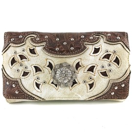 Justin West Tooled Leather Laser Cut Turquoise Rhinestone Cross Concho Studded Shoulder Tote Handbag Purse (Beige Wallet)