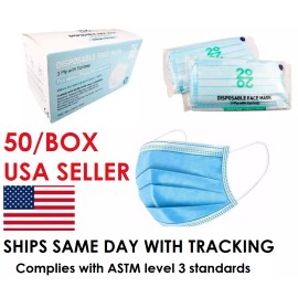 2020 50/BOX Earloop Face Mask MEDICAL Surgical Dental Disposable ASTM LEVEL 3