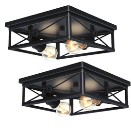 KRASTY 2-Light Black Metal Square framhouse Flush Mount Ceiling Light,Industrial Vintage Hallway Ceiling Light Fixture for Kitchen,livingroom and Balcony,E26, 2-Pack