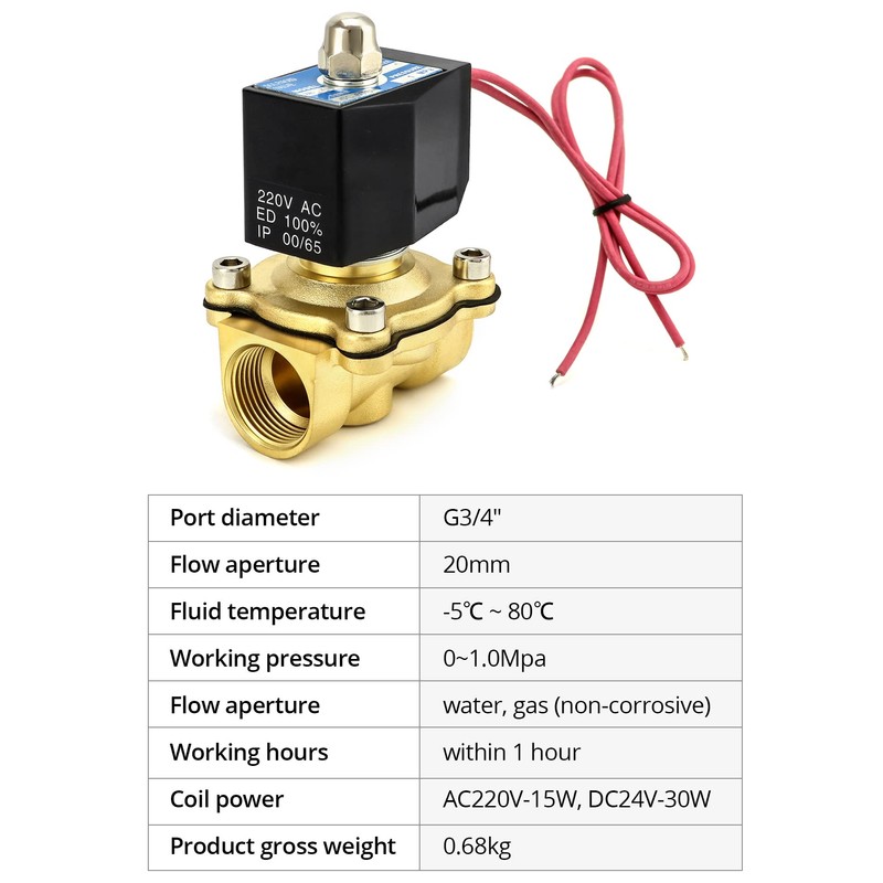 QWORK DN20 Solenoid Valve 220 V 3/4 Inch G Brass
