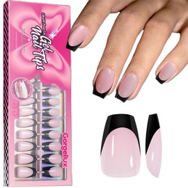 GORGELLUX French Tip Press On Nails, Press On Nails Short Coffin, 150Pcs Black French Gel Nail Tips for Nail Extension Designs and Women Gift, Beautiful Soft Pink
