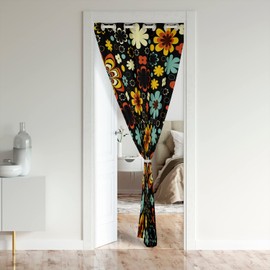 Retro Flower Blackout Curtain, Funky 1960S 1970S Swirls Floral Door Curtain For Doorways Privacy, Colorful Groovy Flowers Doorway Curtain, Cute Vintage Black Door Drape Bedroom Decor, 34"W X 80"L