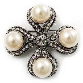 Vintage Imitation Pearl Crystal Cross Brooch (Antique Silver)