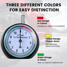 Tyre Tread Gauge, Preciva Colour-Coded Tread Depth Gauge for Tyres in MM Dial, Tyre Tread Depth Gauge, Professional for Motorcycle, Car, Truck